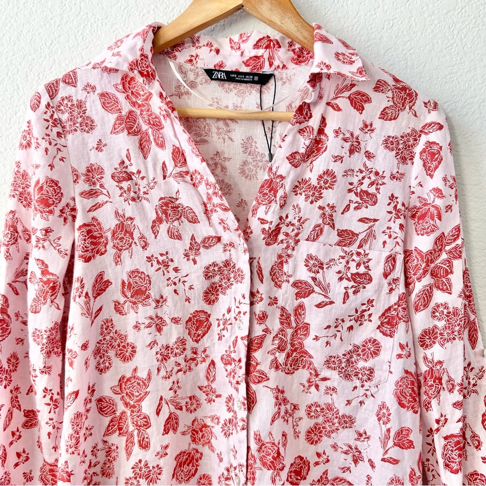Zara Button Down Long Sleeve Floral Linen Size Small - Picture 7 of 9